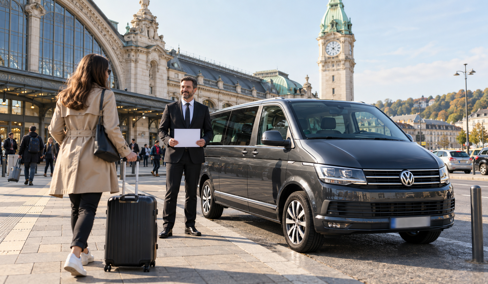 Accueil de voyageurs devant la gare de Rouen
